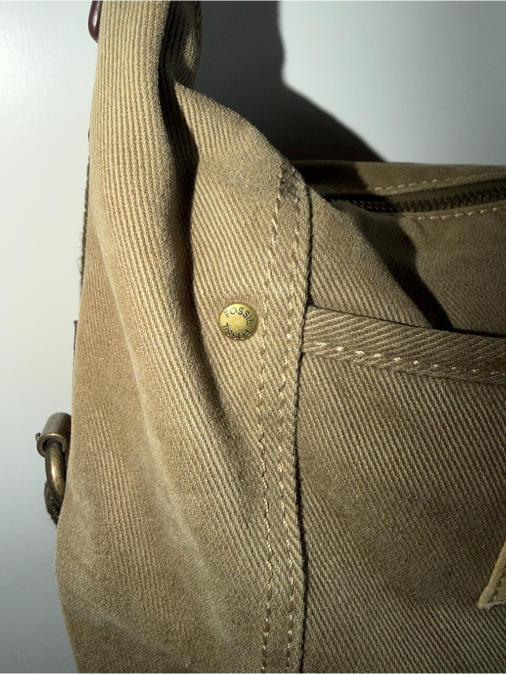 Vintage Fossil 1954 Canvas Shoulder Bag Y2K Olive Green Hobo Purse Leather Trim - Picture 4 of 9
